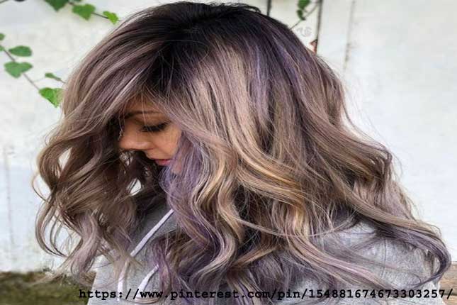 dark brown hair with purple and blonde highlights