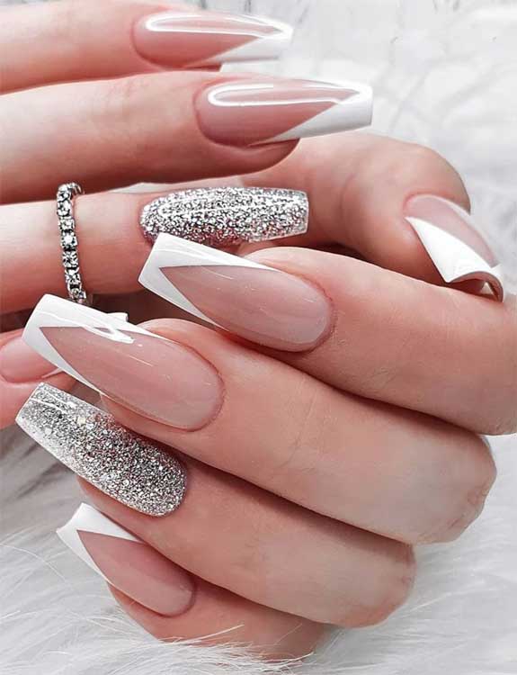 Cute Silver Glitter on French Tip Nails