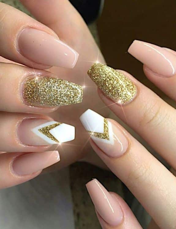 Coffin Nails With White and Golden Combo