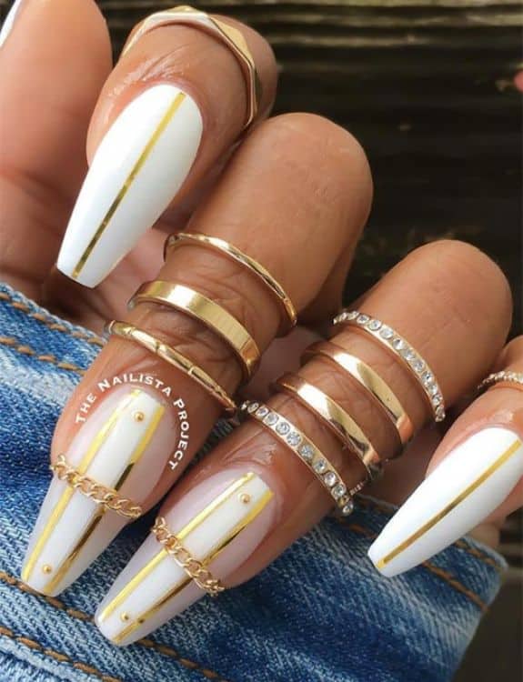 Gold Accent On White Coffin Nails