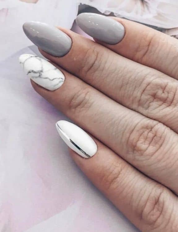 Grey Marble Design On White Nails