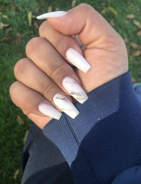 Marble Design White Coffin Nails