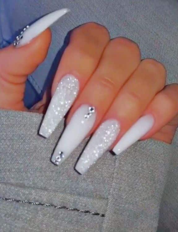 Rhinestones On White Coffin Nails