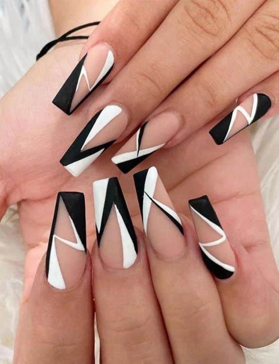 White Coffin Nails With Black Strips