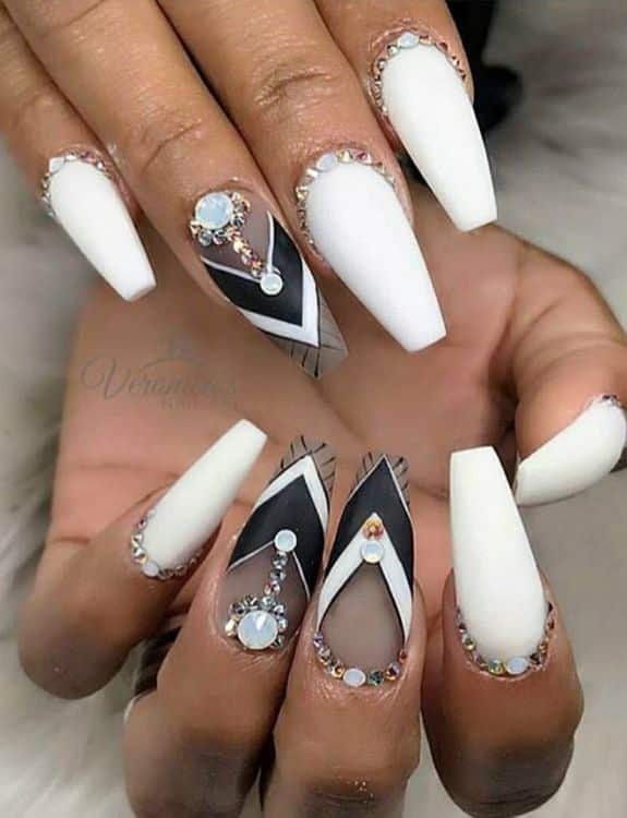 White Coffin Nails With Geometrical Pattern