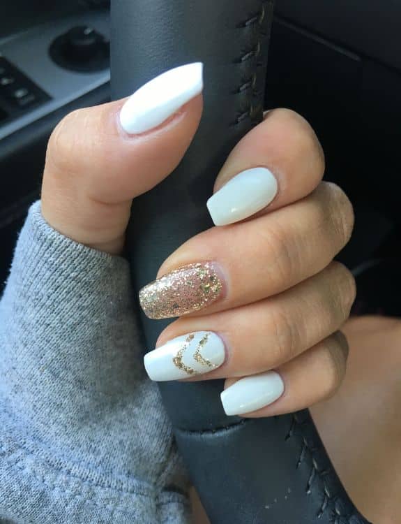 White Coffin Nails With Glamour touch On Accent Nail