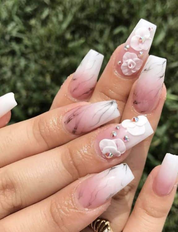 White Coffin Nails With Pink Floral Designs