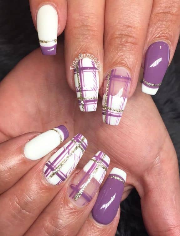 White Coffin Nails With Purple Cheque