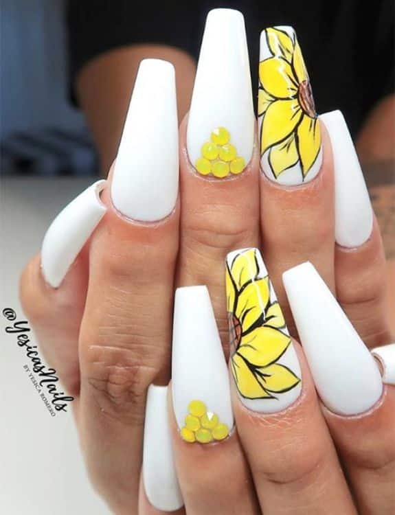 White Coffin Nails With Sunflower Design