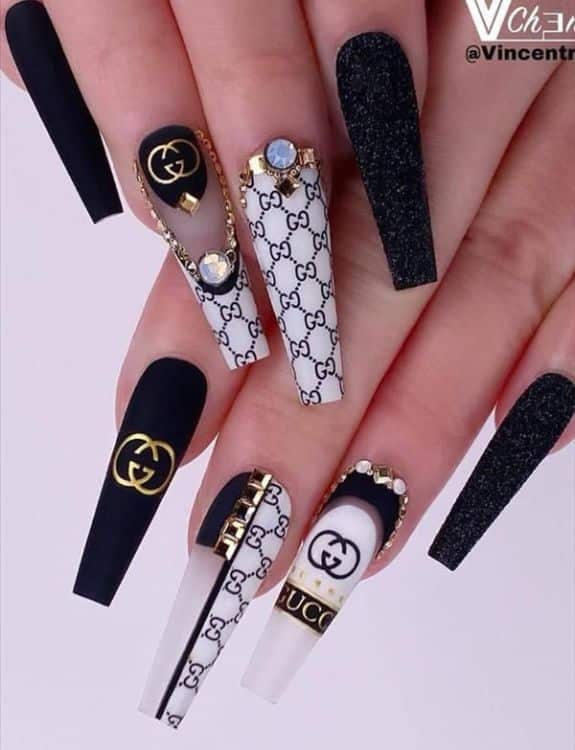 White Coffin Nails with Gucci Pattern