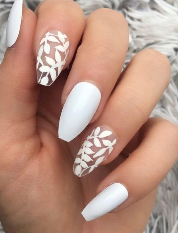 White Floral Coffin Nails