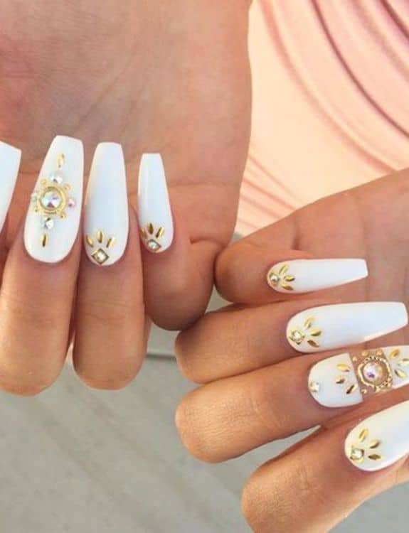 White Nails With Golden Stones