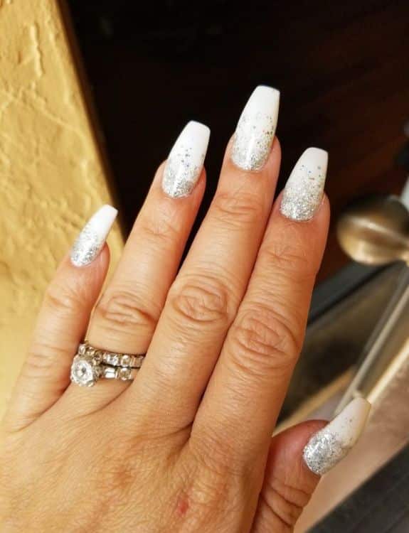 White Nails With Silver Glitter Tips