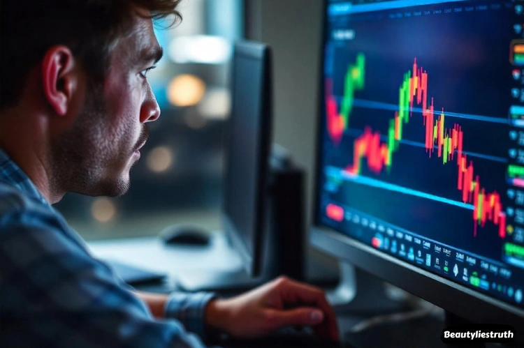 A close-up of a cautious investor studying cryptocurrency graphs on a computer screen
