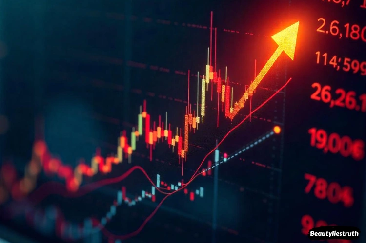 A dramatic chart with cryptocurrency prices soaring upward