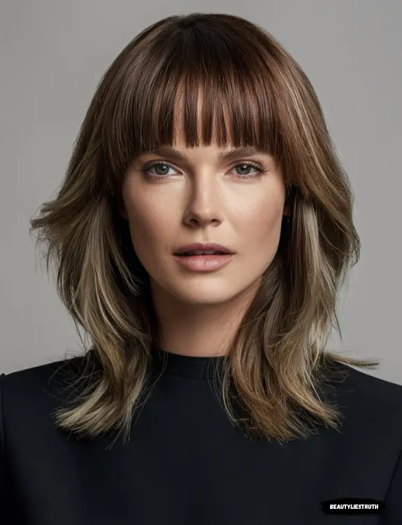 A stylish woman with medium-length hair and blunt bangs