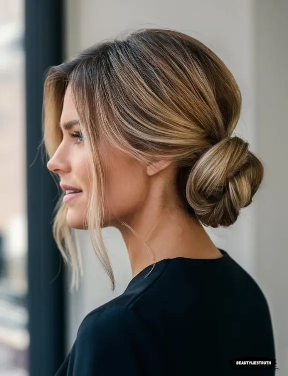 A woman with medium-length hair styled in a chic low chignon bun
