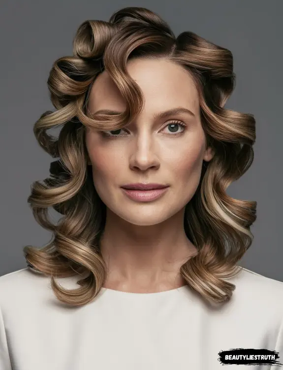 A woman with medium-length hair styled in face-framing curls