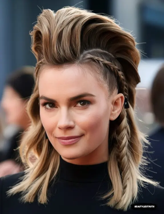 A woman with medium-length hair styled in a faux hawk updo