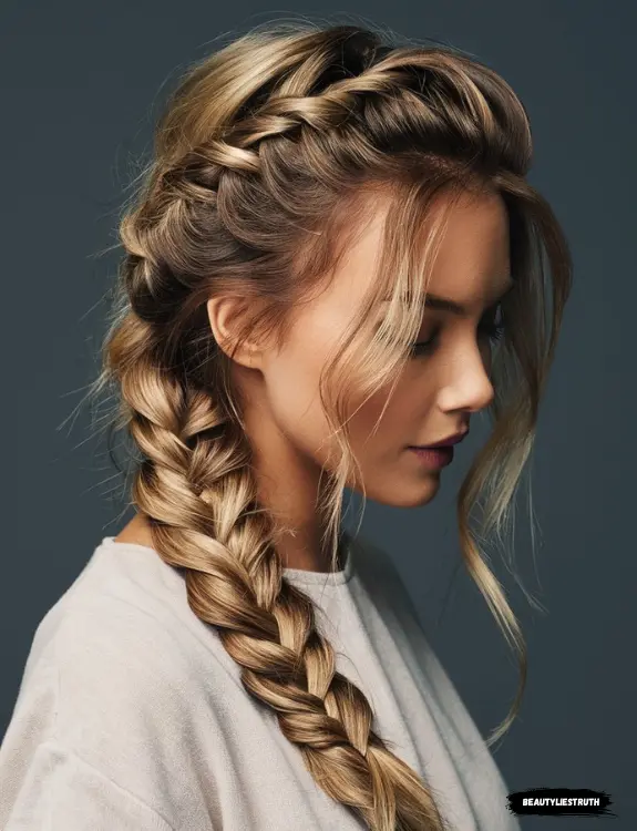 A woman with medium-length hair styled in a voluminous fishtail braid