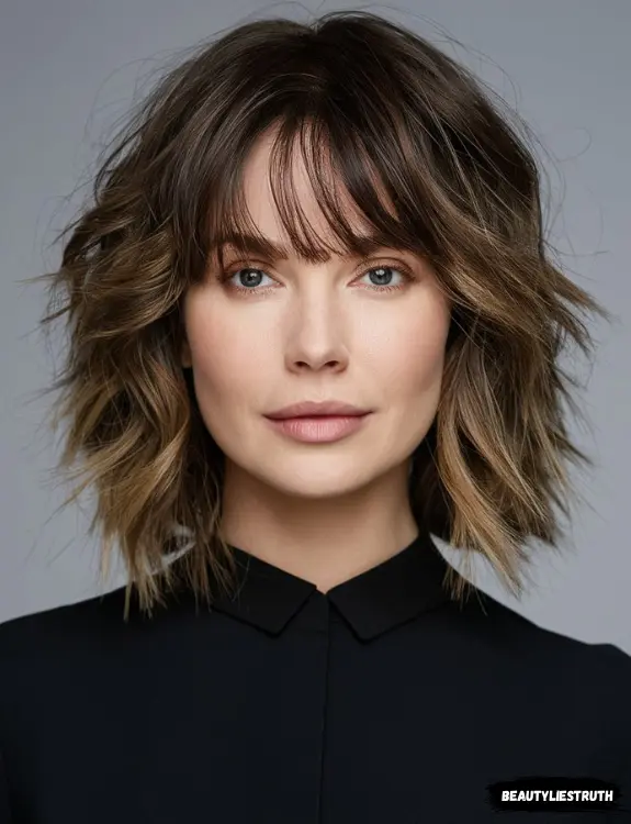 a medium-length hairstyle featuring a choppy fringe