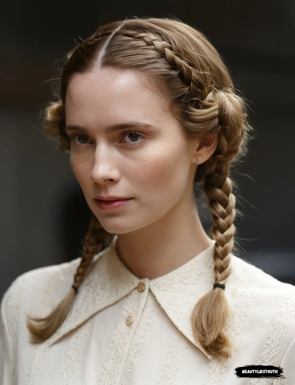 A woman with medium-length hair styled in milkmaid braids
