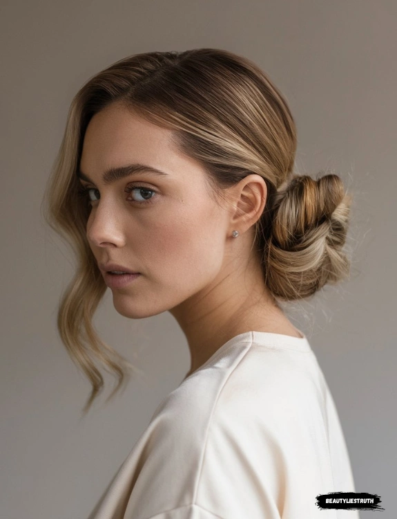 A woman with medium-length hair styled in a '90s minimalist updo