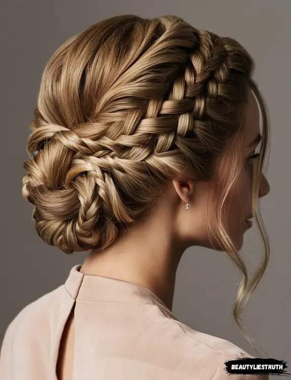 a medium-length hairstyle featuring a sculpted updo