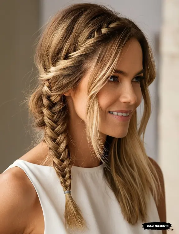 A woman with medium-length hair styled in a loose side braid