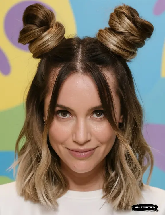 A woman with medium-length hair styled in space buns