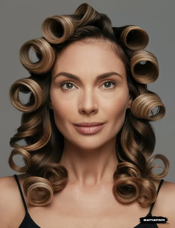 A woman with medium-length hair styled in defined spiral curls