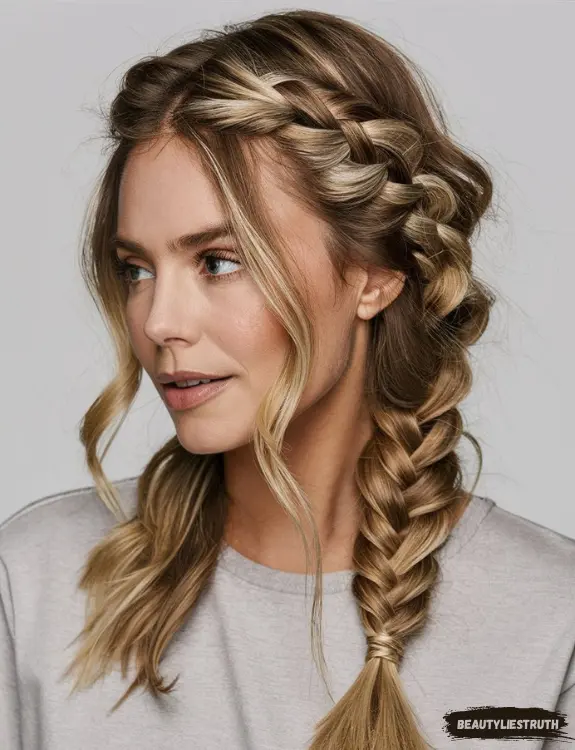 A woman with medium-length hair styled in an undone braid