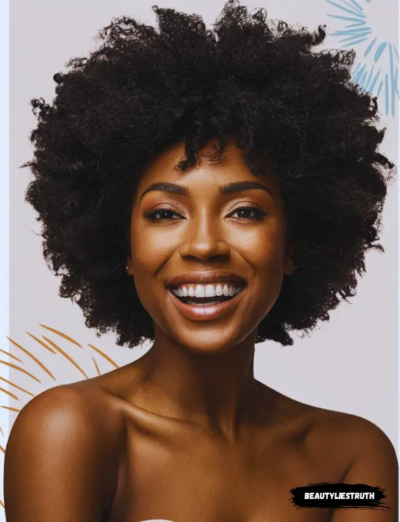 an image of a confident Black woman with a voluminous, natural Afro hairstyle