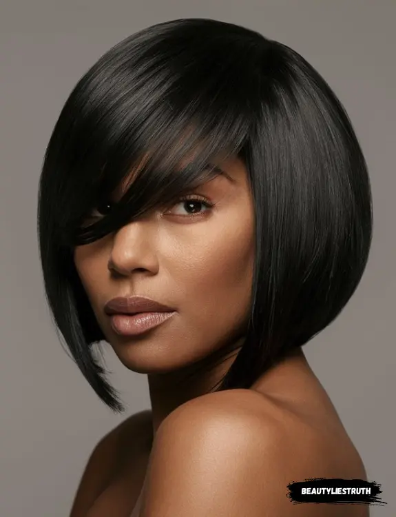 a Black woman with a classic bob haircut featuring a bang