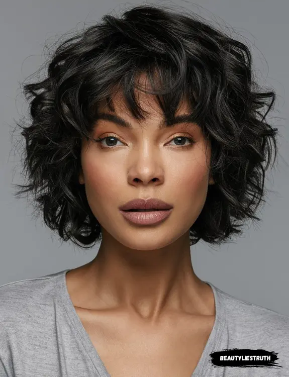 Black woman with a curly shag haircut