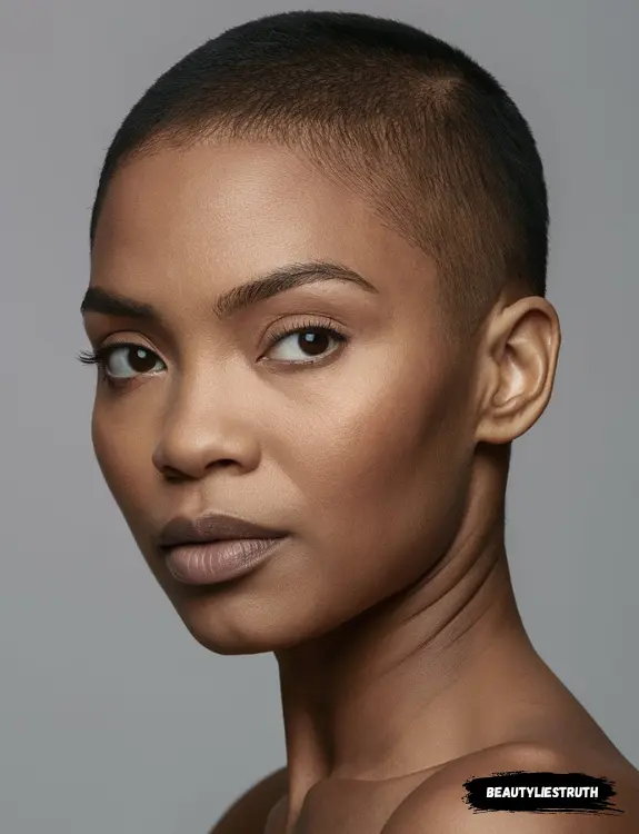 A woman with a buzz cut hairstyle