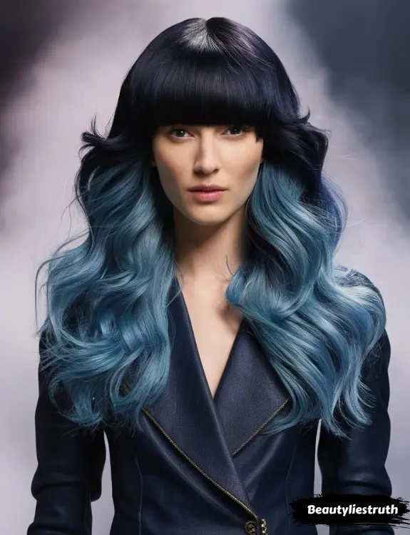 Back view of a person with Denim Blue Ombre Hair - Dark Navy to Light Denim Ends