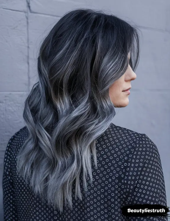 Back view of a women with Gunmetal Glam Ombre Hair - Cool Roots to Smokey Ends