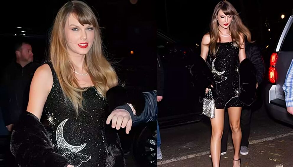 Taylor Swift in a shimmering ombre sparkle mini dress.