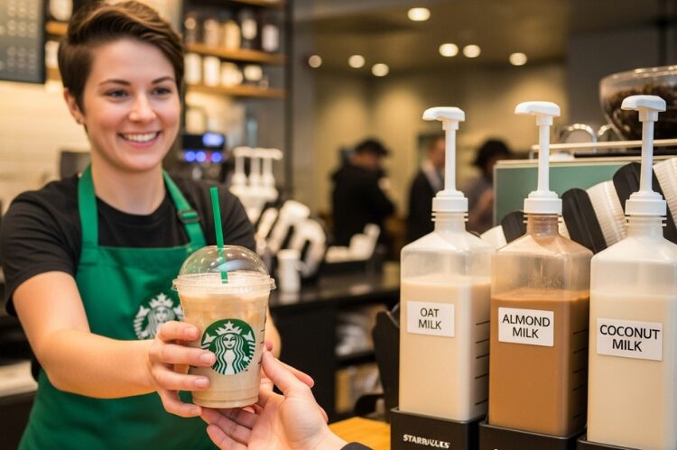 A Starbucks barista smiling while handing a custom-made drink across the counter, with oat, almond, and coconut milk. 
