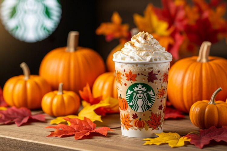 A Starbucks fall-themed cup of pumpkin spice latte topped with whipped cream.