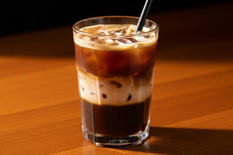 A Starbucks iced shaken espresso with creamy light brown foam on top.