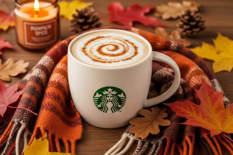 A Starbucks mug of chai tea latte with frothy milk and cinnamon sprinkled on top.