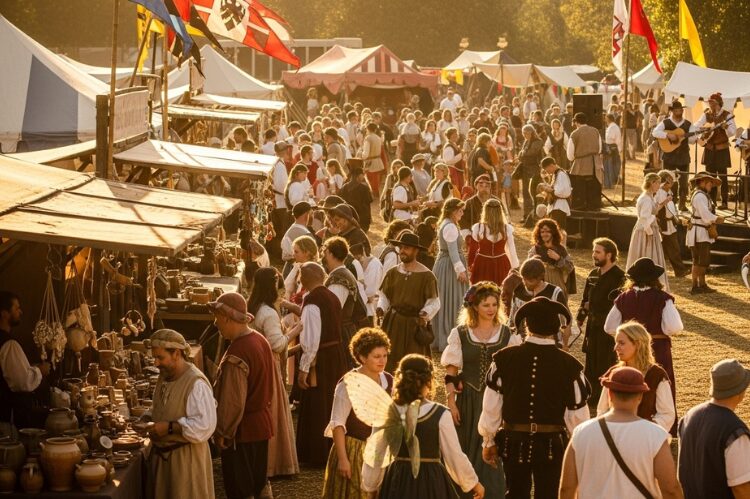 A bustling renaissance fair scene, filled with people in colorful costumes — peasants, nobles, jesters, and fairies.