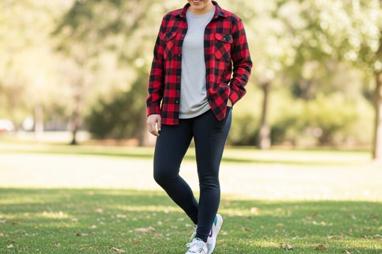 A casual streetwear look featuring a woman in a plaid shirt layered over a white tee.