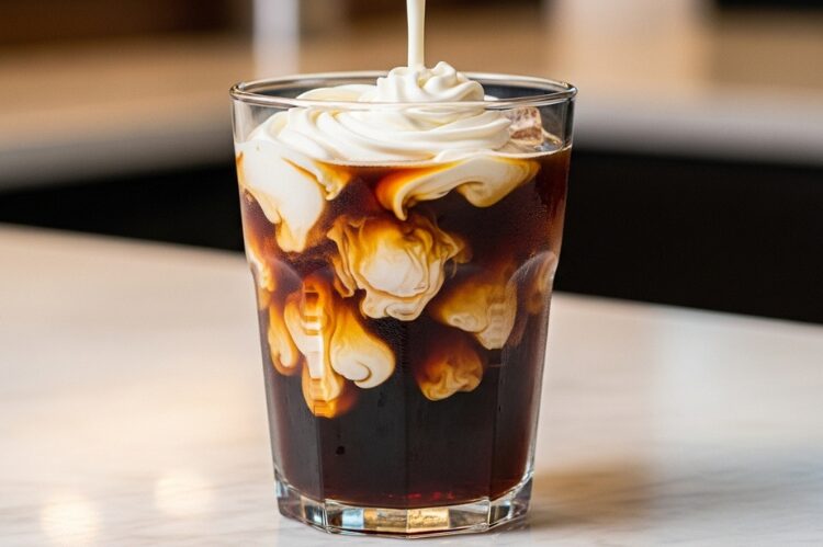 A clear glass of Starbucks cold brew with vanilla sweet cream swirling dramatically through the coffee.