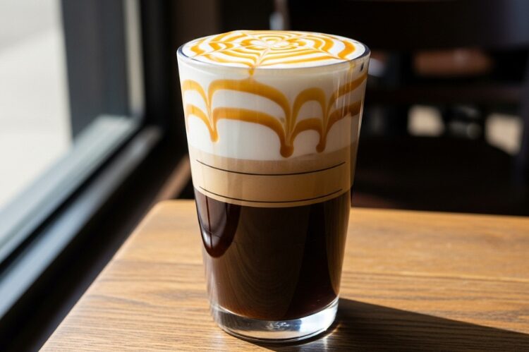 A clear tall Starbucks cup with layers of espresso and steamed milk topped with golden caramel drizzle.