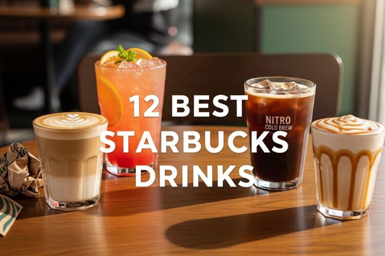 A cozy Starbucks table scene with multiple colorful drinks—hot latte, iced refresher and nitro cold brew.