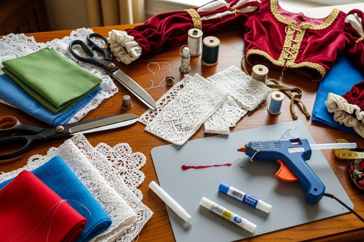 A cozy home crafting scene: scissors, fabric, lace, and hot glue scattered on a table.