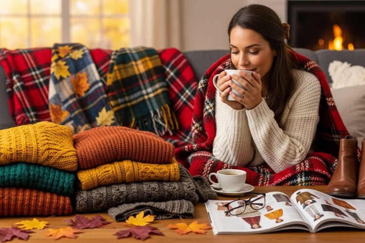 A cozy indoor scene: a woman sits on a sofa with a plaid blanket, surrounded by fall essentials spread on a coffee table.